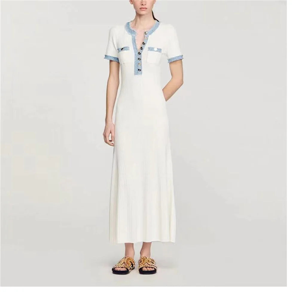 women's Elegant White Knit Bodycon Maxi Dress – Sleeve, Pocket Detail