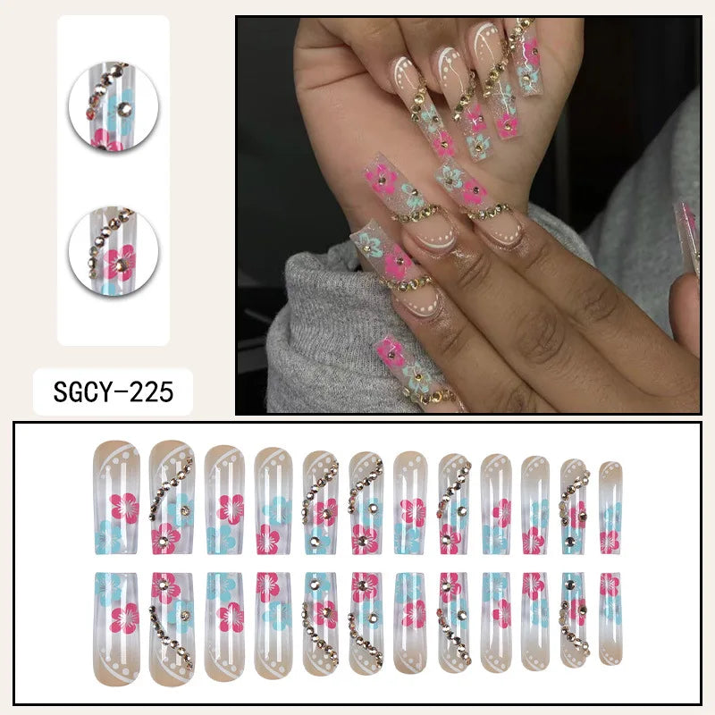 24pcs Long Coffin Press-On Nails – French Patterns with Flowers, Butterflies, and Diamond Shine
