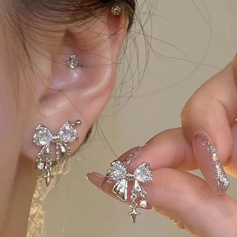 Y2K Bowknot Zircon Stud Earrings – Pink Crystal Design, Silver-Tone Finish for Party & Fashion Jewelry