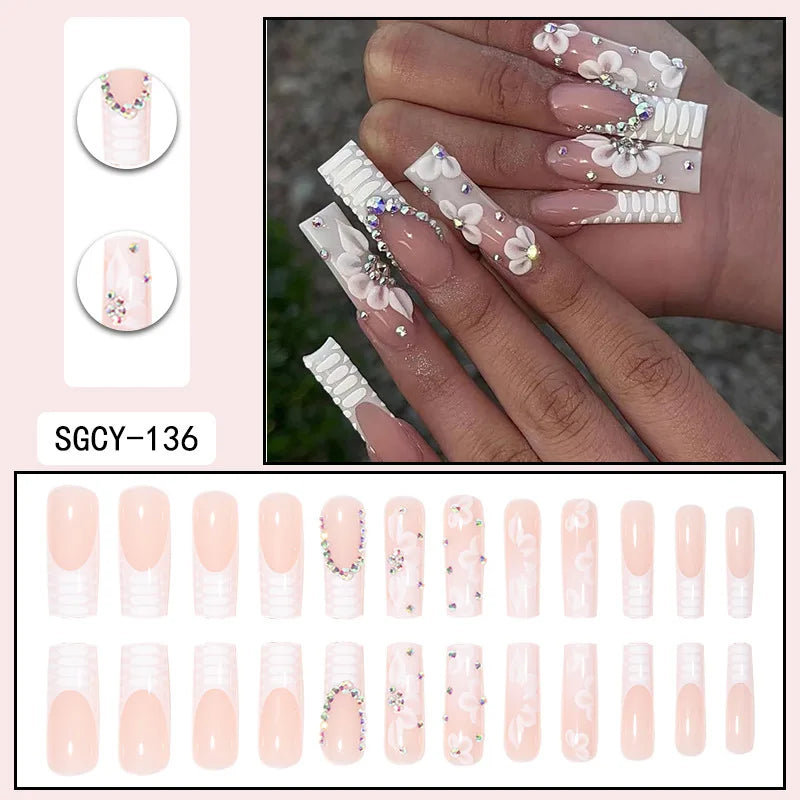 24pcs Long Coffin Press-On Nails – French Patterns with Flowers, Butterflies, and Diamond Shine