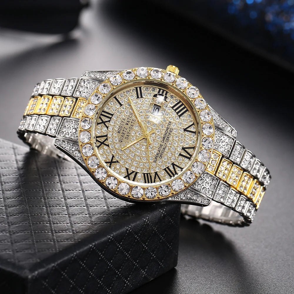 Luxury Golden Steel Men’s Watch – Roman Numerals, Rhinestone Calendar, Quartz Precision