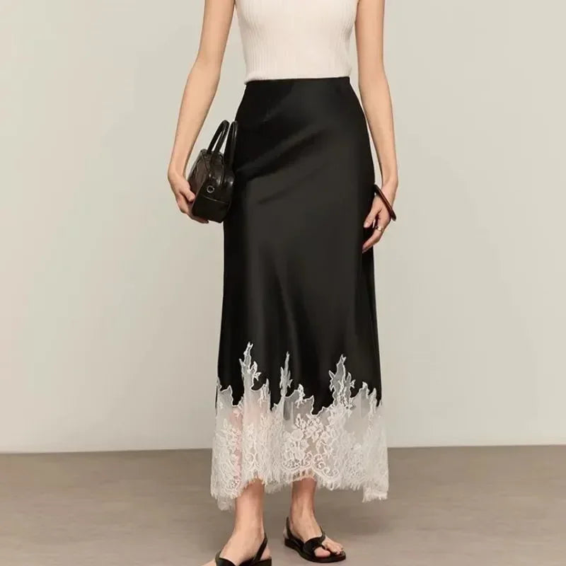 Women's Satin Midi Skirt with Detailed Floral Lace