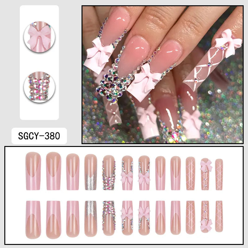 24pcs Long Coffin Press-On Nails – French Patterns with Flowers, Butterflies, and Diamond Shine