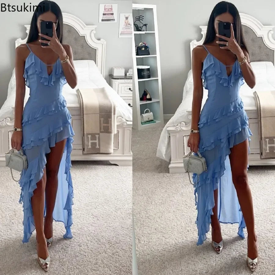 Elegant Women's V-Neck Maxi Dress – Sky Blue