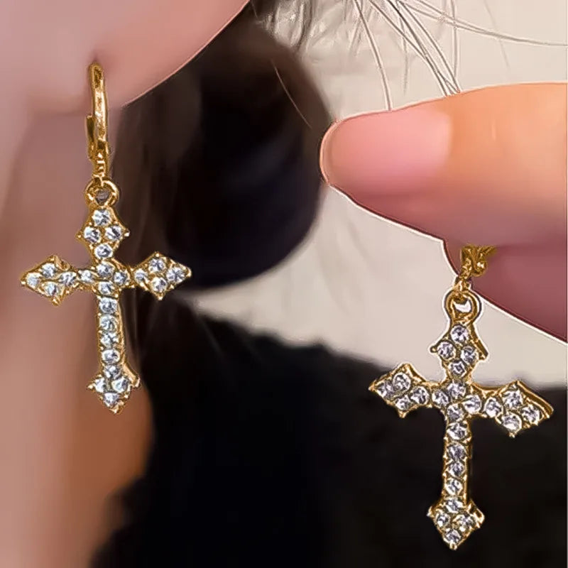 Y2K Gothic Cross Hoop Earrings – Rhinestone & Zircon Crystal Drop Design for Women