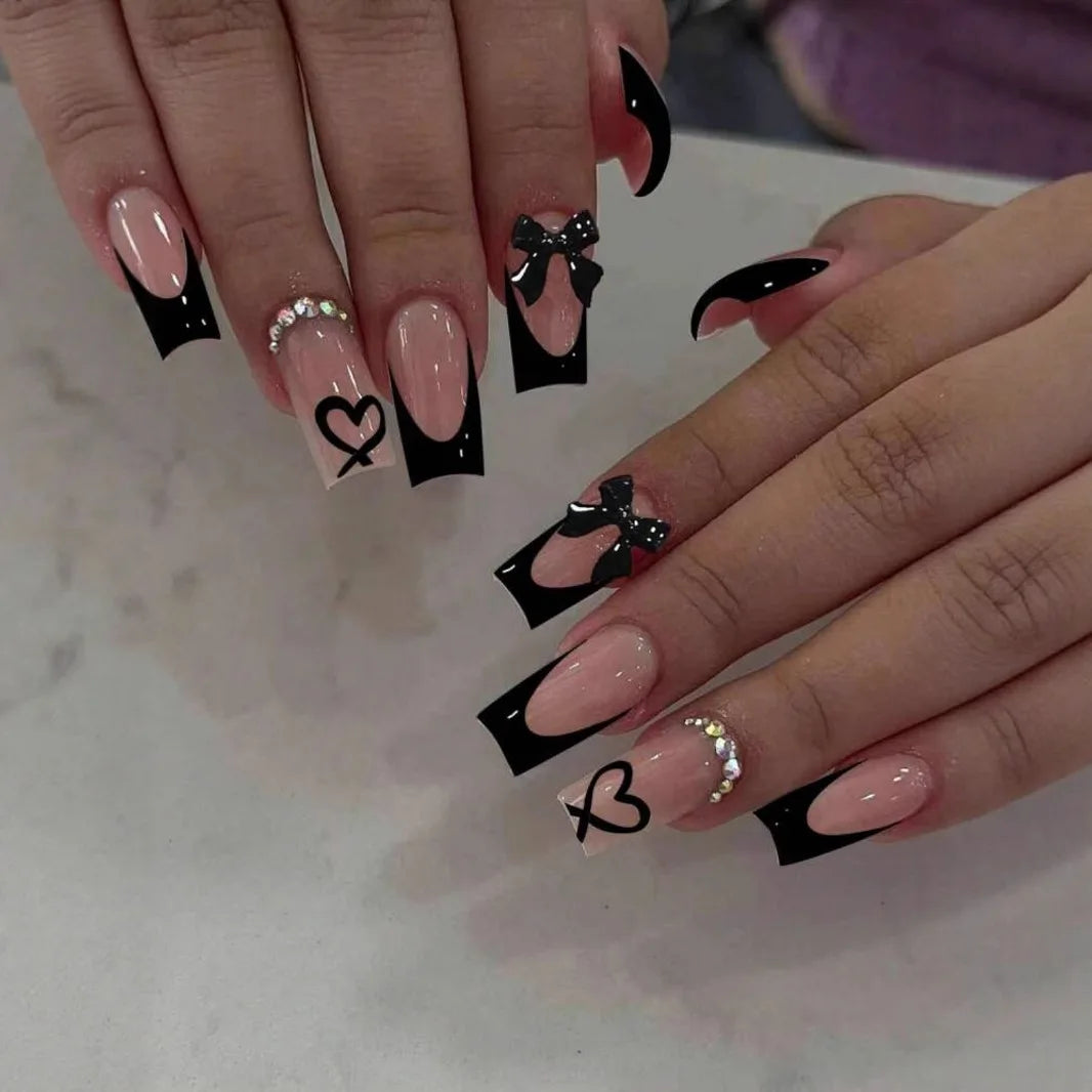 24pcs White French Press-On Nails – 3D Bowknot Design, Full Cover Wearable Set for Women
