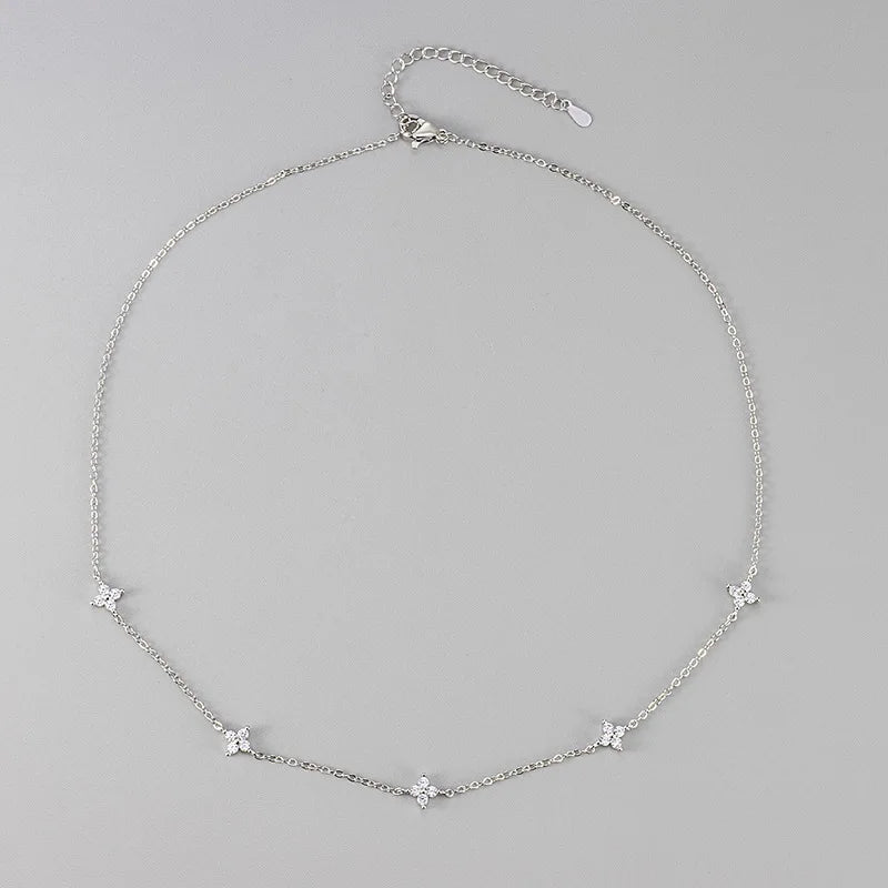 Four-Leaf Zircon Pendant Necklace – 18K Gold-Plated Stainless Steel, Exquisite Women's Jewelry Gift