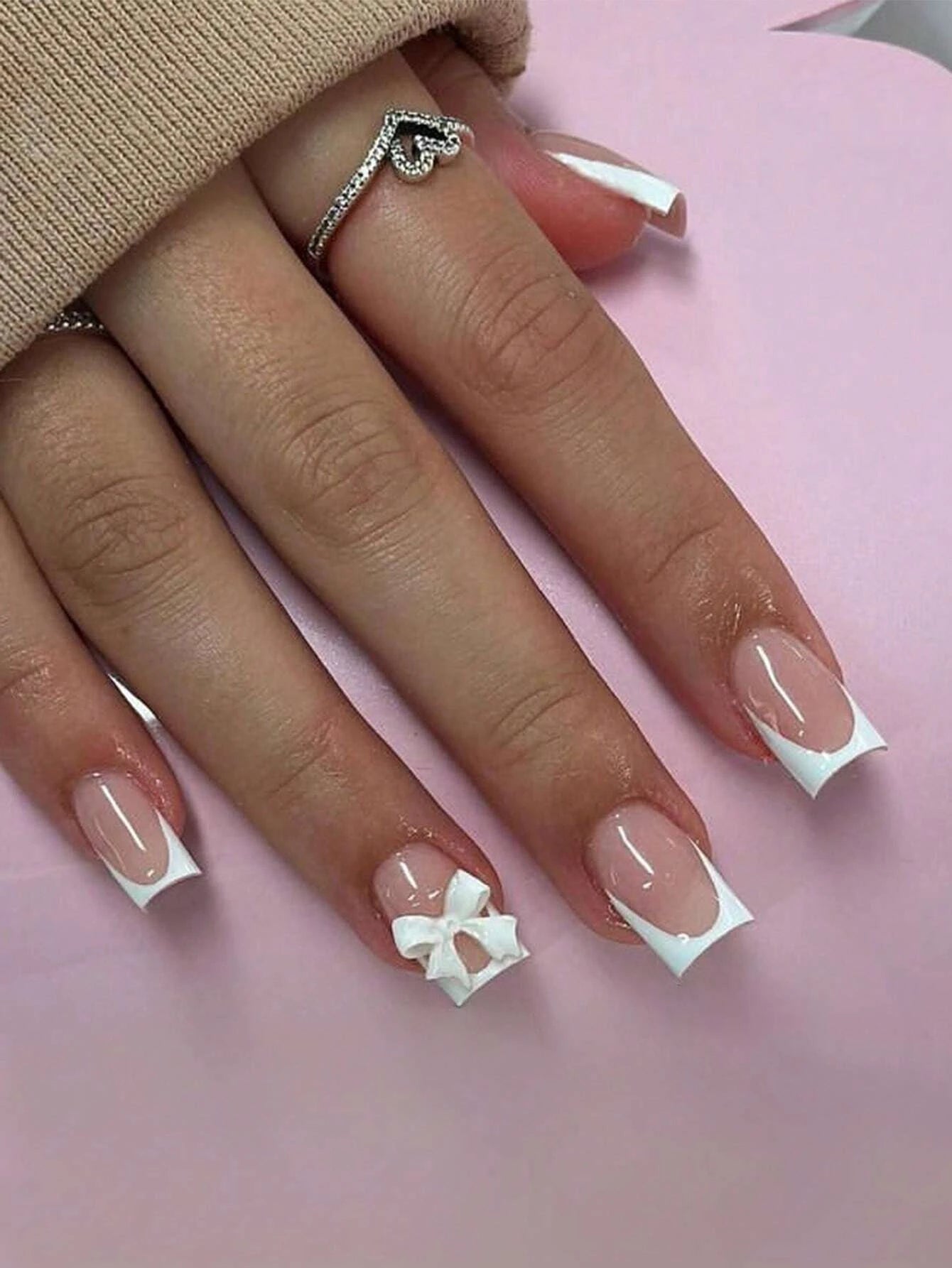 24pcs Medium Stiletto Press-On Nails – Pink Bowknot Fingertip Design, Full Cover Set