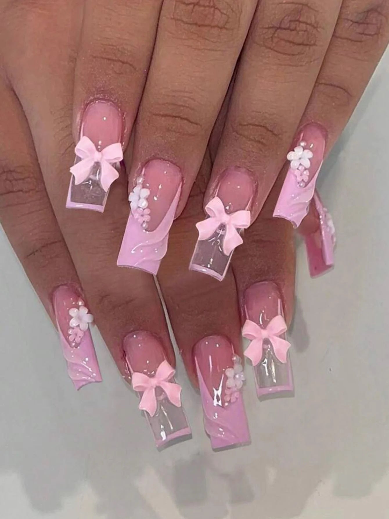 24pcs Medium Stiletto Press-On Nails – Pink Bowknot Fingertip Design, Full Cover Set