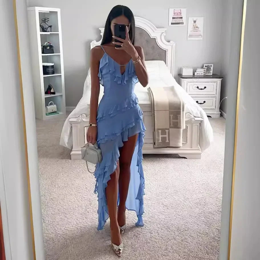 Elegant Women's V-Neck Maxi Dress – Sky Blue