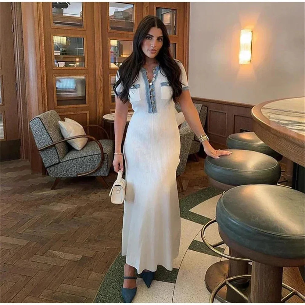women's Elegant White Knit Bodycon Maxi Dress – Sleeve, Pocket Detail