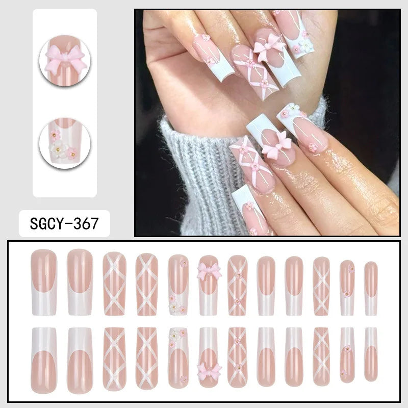 24pcs Long Coffin Press-On Nails – French Patterns with Flowers, Butterflies, and Diamond Shine