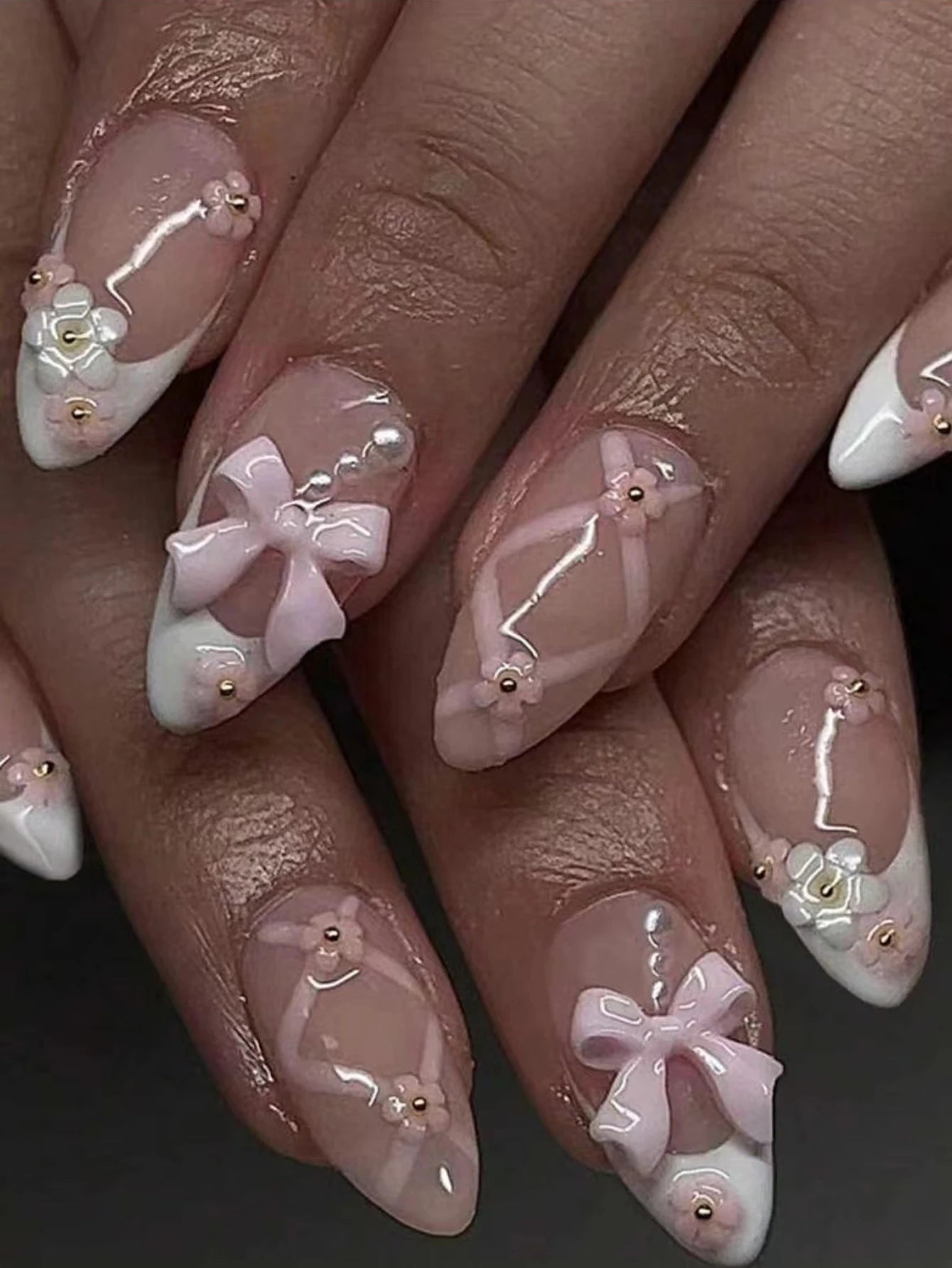 24pcs Medium Stiletto Press-On Nails – Pink Bowknot Fingertip Design, Full Cover Set