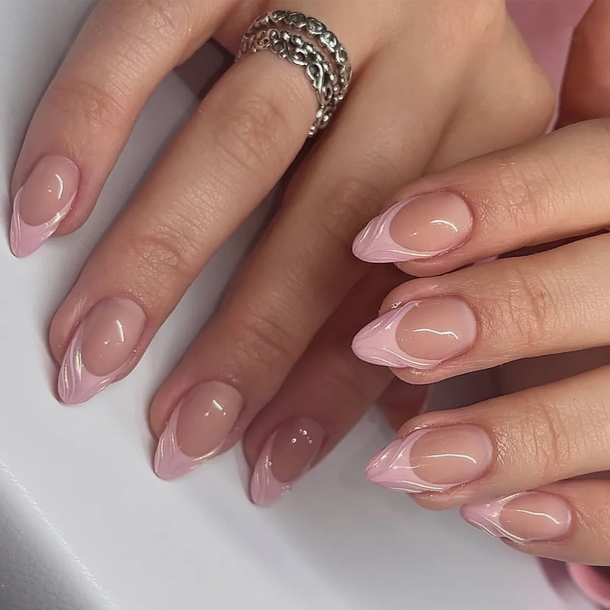 24pcs Long Almond French Tip Press-On Nails – Simple Full Cover Design