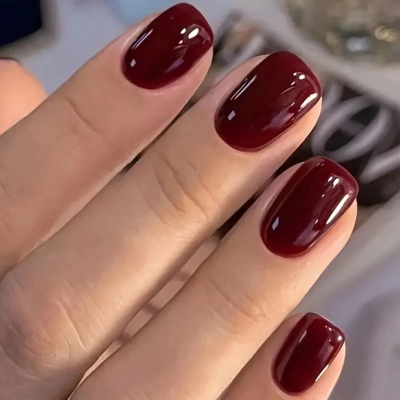 24pcs Almond Press–On Nails – Wine Red High Saturation, Korean Style for Valentine’s Day