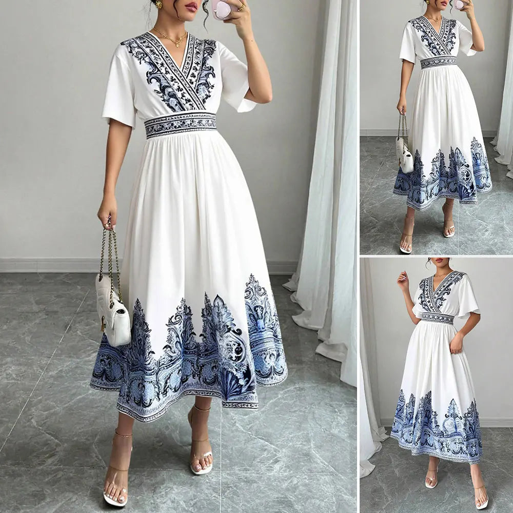 Rafiah Women's Summer White Midi Dress – V-Neck, Blue Embroidery, A-Line Fit