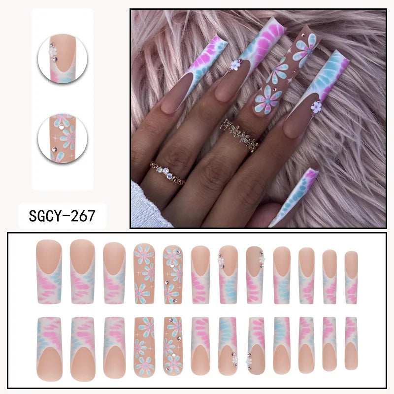 24pcs Long Coffin Press-On Nails – French Patterns with Flowers, Butterflies, and Diamond Shine