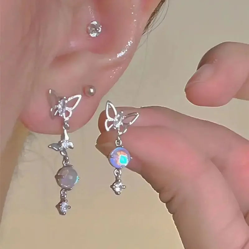 Y2K Bowknot Zircon Stud Earrings – Pink Crystal Design, Silver-Tone Finish for Party & Fashion Jewelry