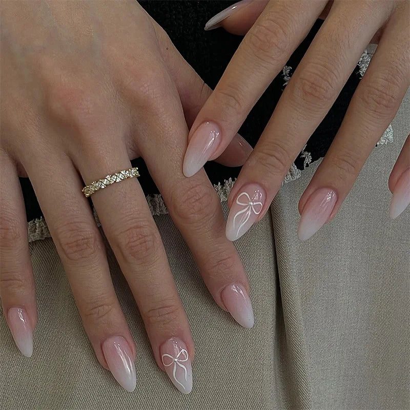 24pcs White French Press-On Nails – 3D Bowknot Design, Full Cover Wearable Set for Women
