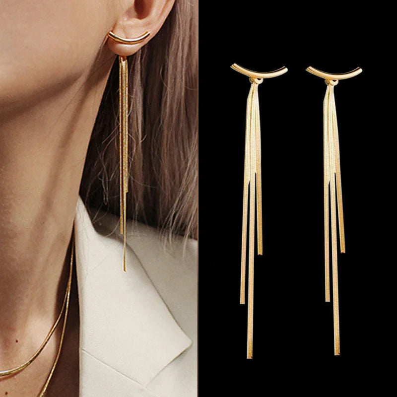 Crystal Leaf Long Tassel Earrings – Statement Gold-Tone Design, Elegant Gift Jewelry