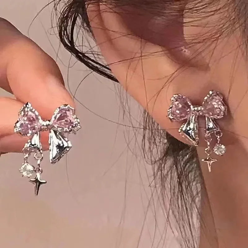 Y2K Bowknot Zircon Stud Earrings – Pink Crystal Design, Silver-Tone Finish for Party & Fashion Jewelry