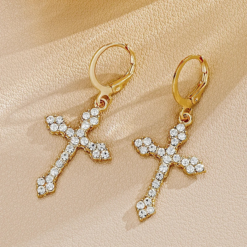 Y2K Gothic Cross Hoop Earrings – Rhinestone & Zircon Crystal Drop Design for Women