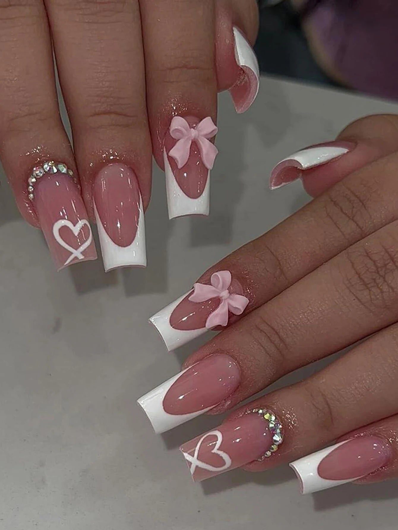 24pcs Medium Stiletto Press-On Nails – Pink Bowknot Fingertip Design, Full Cover Set