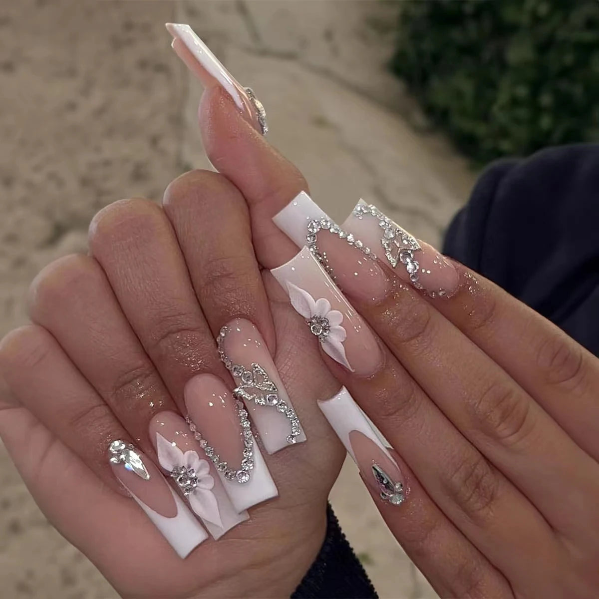 24pcs Long Coffin Press-On Nails – French Patterns with Flowers, Butterflies, and Diamond Shine