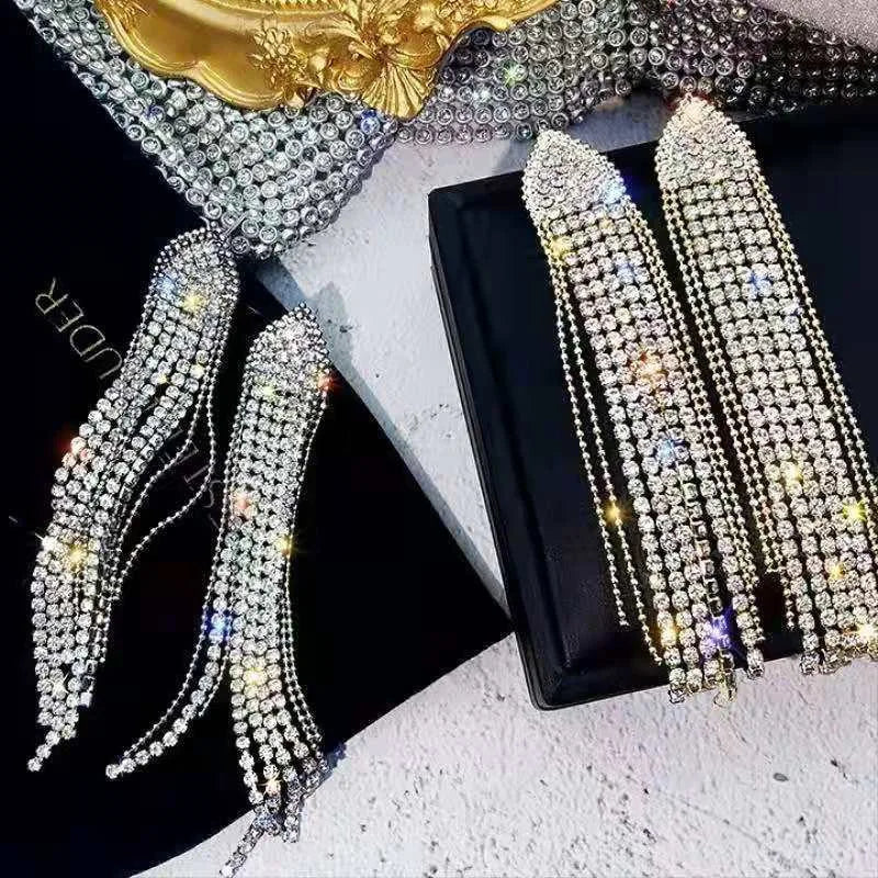 Crystal Leaf Long Tassel Earrings – Statement Gold-Tone Design, Elegant Gift Jewelry