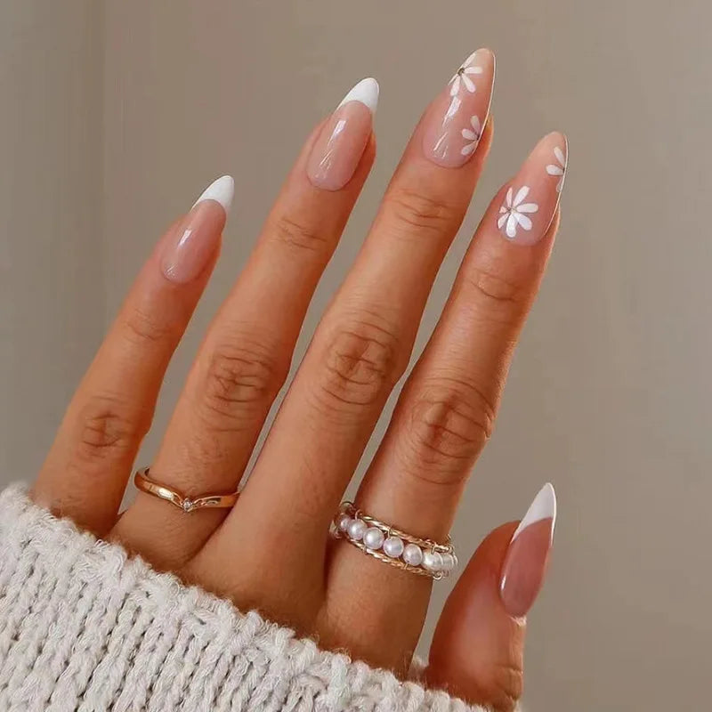 24pcs Long Almond French Tip Press-On Nails – Simple Full Cover Design