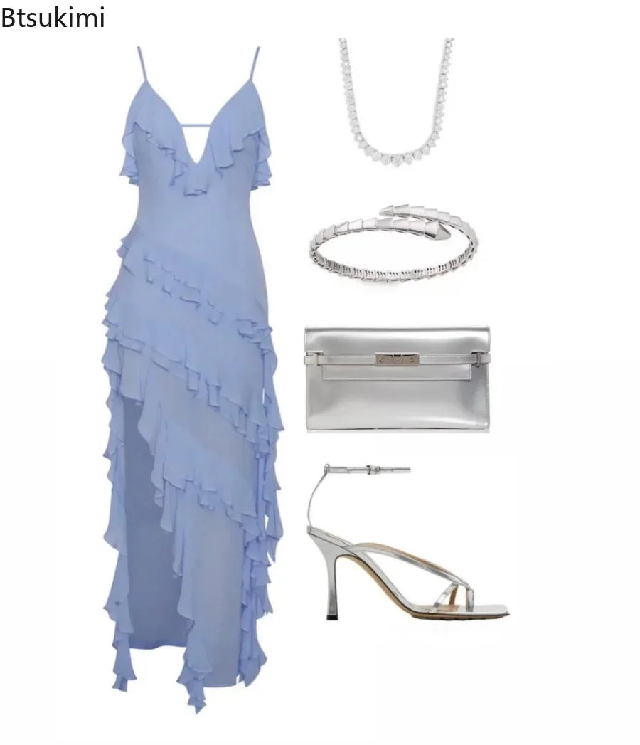 Elegant Women's V-Neck Maxi Dress – Sky Blue