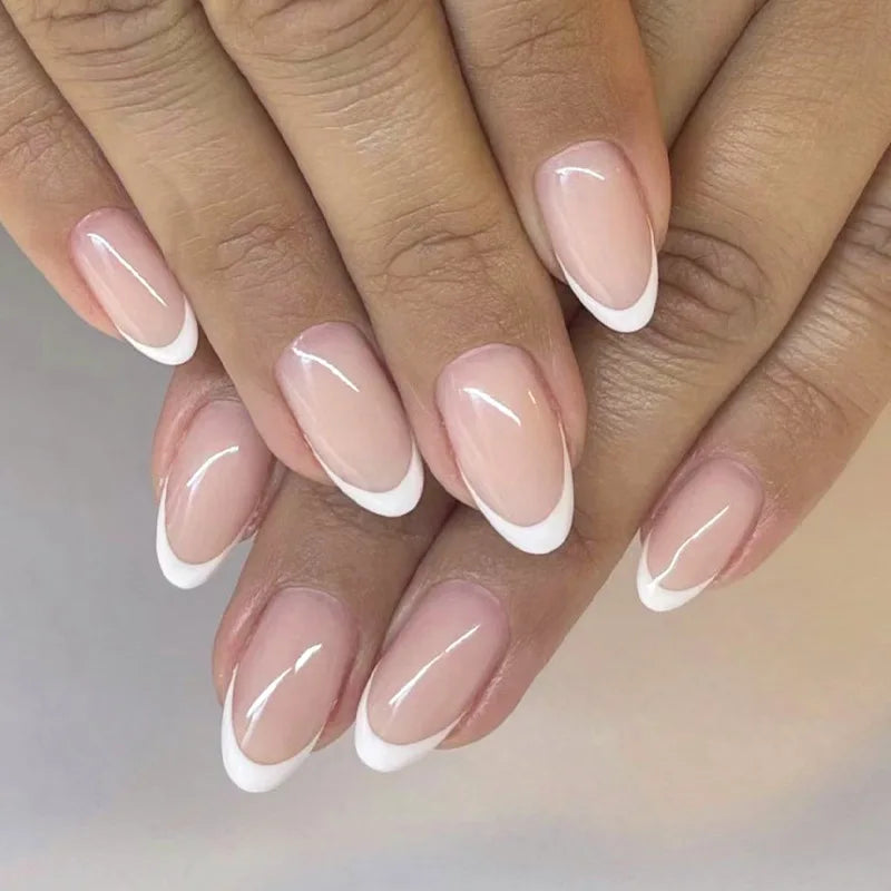 24pcs Long Almond French Tip Press-On Nails – Simple Full Cover Design