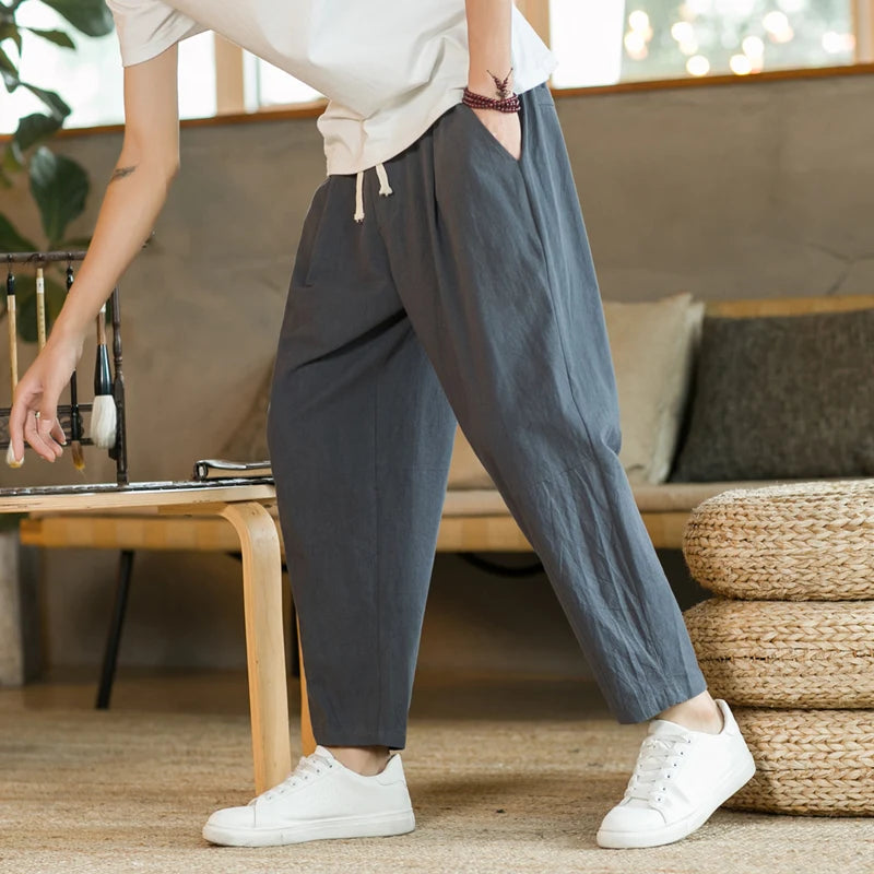 Men’s Lightweight Cotton Linen Summer Pants – Breathable, Loose Fit, Mid-Waist, Casual Style
