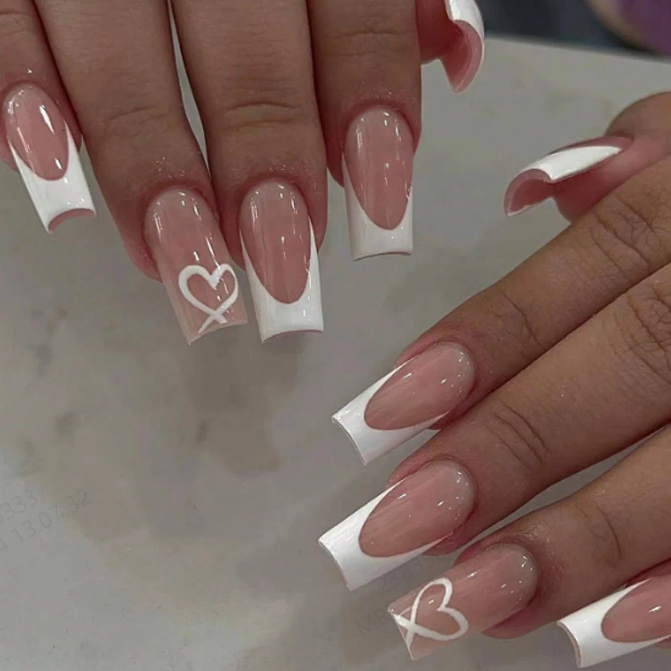 24pcs Square Press–On Nails – White French Tips with Cute Bride Heart Design, Y2K Style