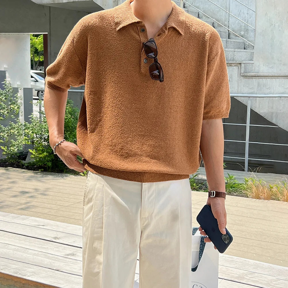 Men's Vintage-Inspired Knit Polo – Soft Weave, Lapel Collar, Smart Casual Fit