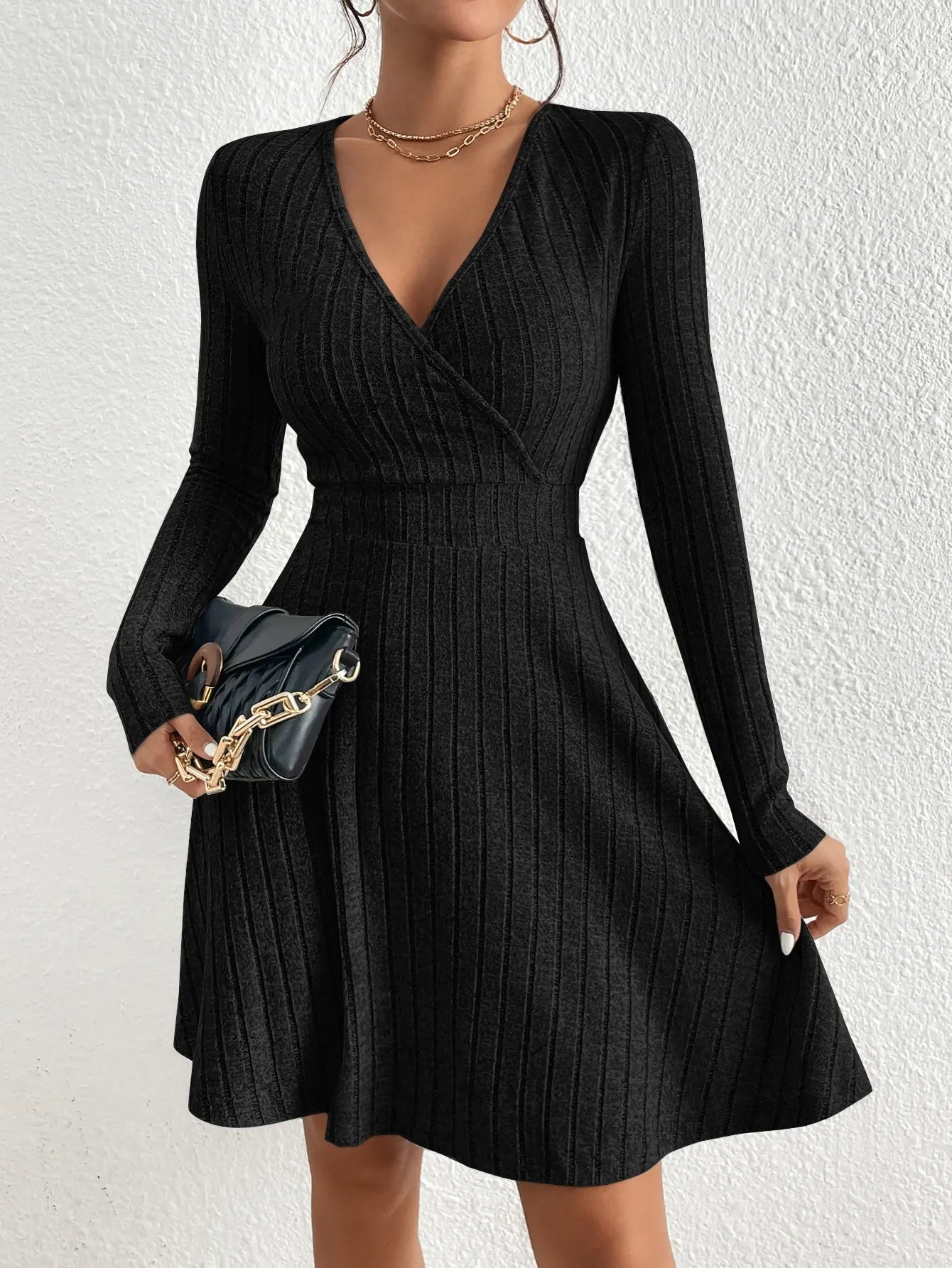 Women’s Knit A-Line Dress – Elegant V-Neck Fit for Autumn/Winter