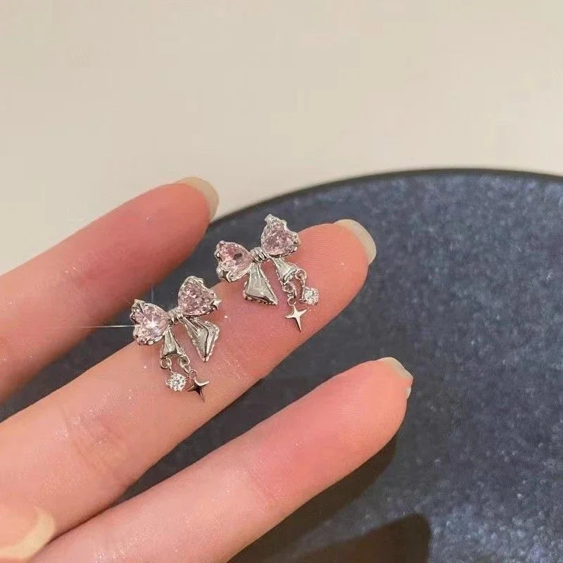 Y2K Bowknot Zircon Stud Earrings – Pink Crystal Design, Silver-Tone Finish for Party & Fashion Jewelry