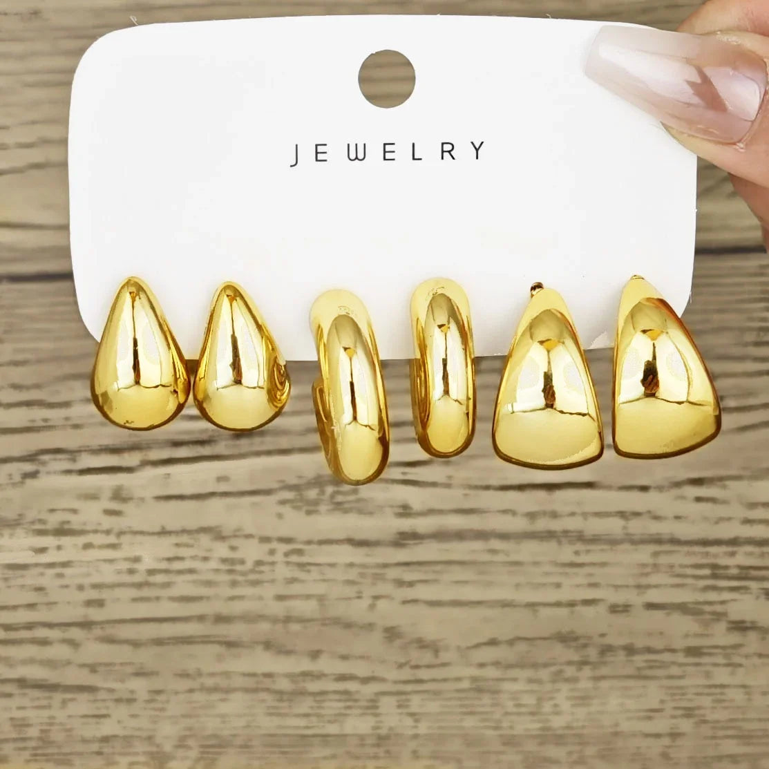 6-Piece Gold-Plated Waterdrop Hoop Earring Set – Chunky Minimalist Design for Women
