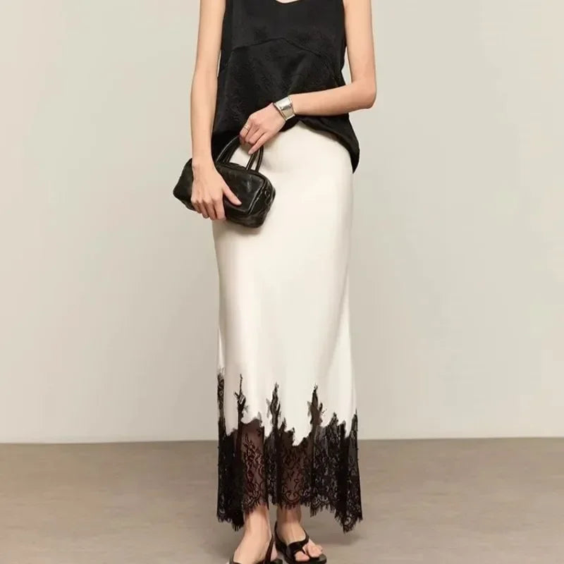 Women's Satin Midi Skirt with Detailed Floral Lace