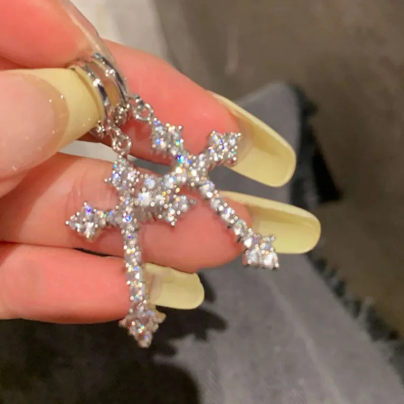Y2K Gothic Cross Hoop Earrings – Rhinestone & Zircon Crystal Drop Design for Women