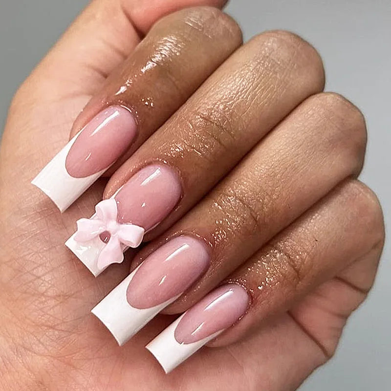 24pcs White French Press-On Nails – 3D Bowknot Design, Full Cover Wearable Set for Women