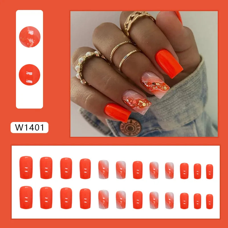 24pcs Pink Gradient Press-On Nails – Yellow Flower Design, Glossy Finish, Reusable Full Cover