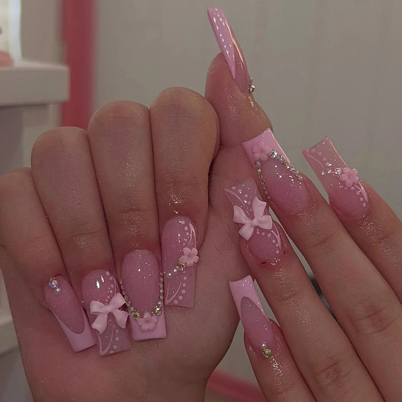 24pcs Medium Stiletto Press-On Nails – Pink Bowknot Fingertip Design, Full Cover Set