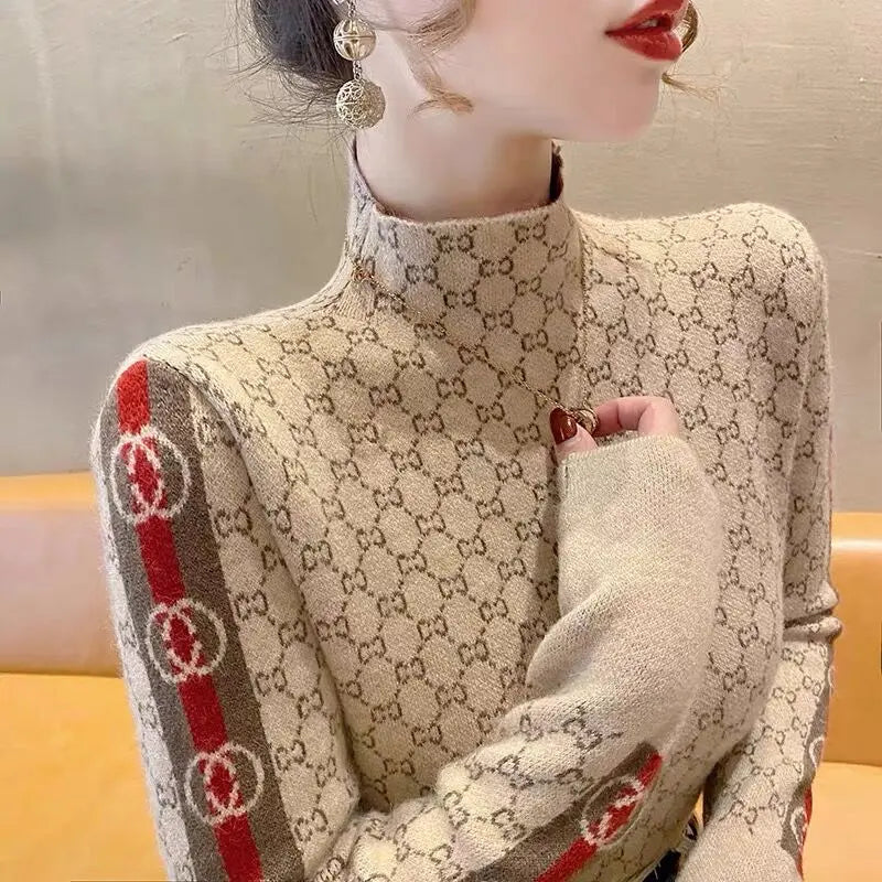 Elegant Letter Knit Pullover – Autumn Slim Fit High Collar Design