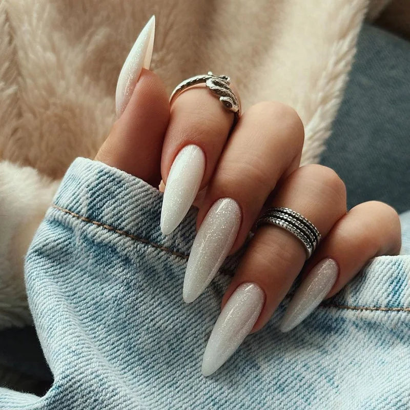 24pcs Long Almond French Tip Press-On Nails – Simple Full Cover Design