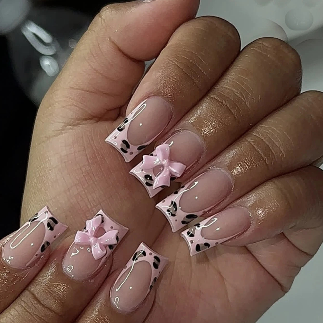 24pcs Medium Stiletto Press-On Nails – Pink Bowknot Fingertip Design, Full Cover Set