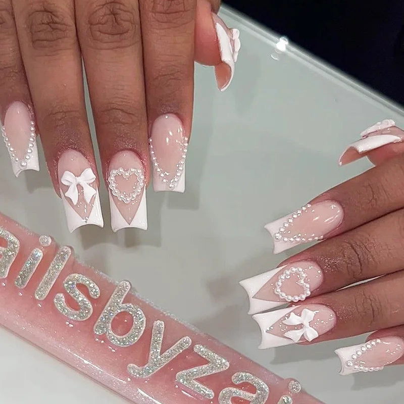 24pcs White French Press-On Nails – 3D Bowknot Design, Full Cover Wearable Set for Women