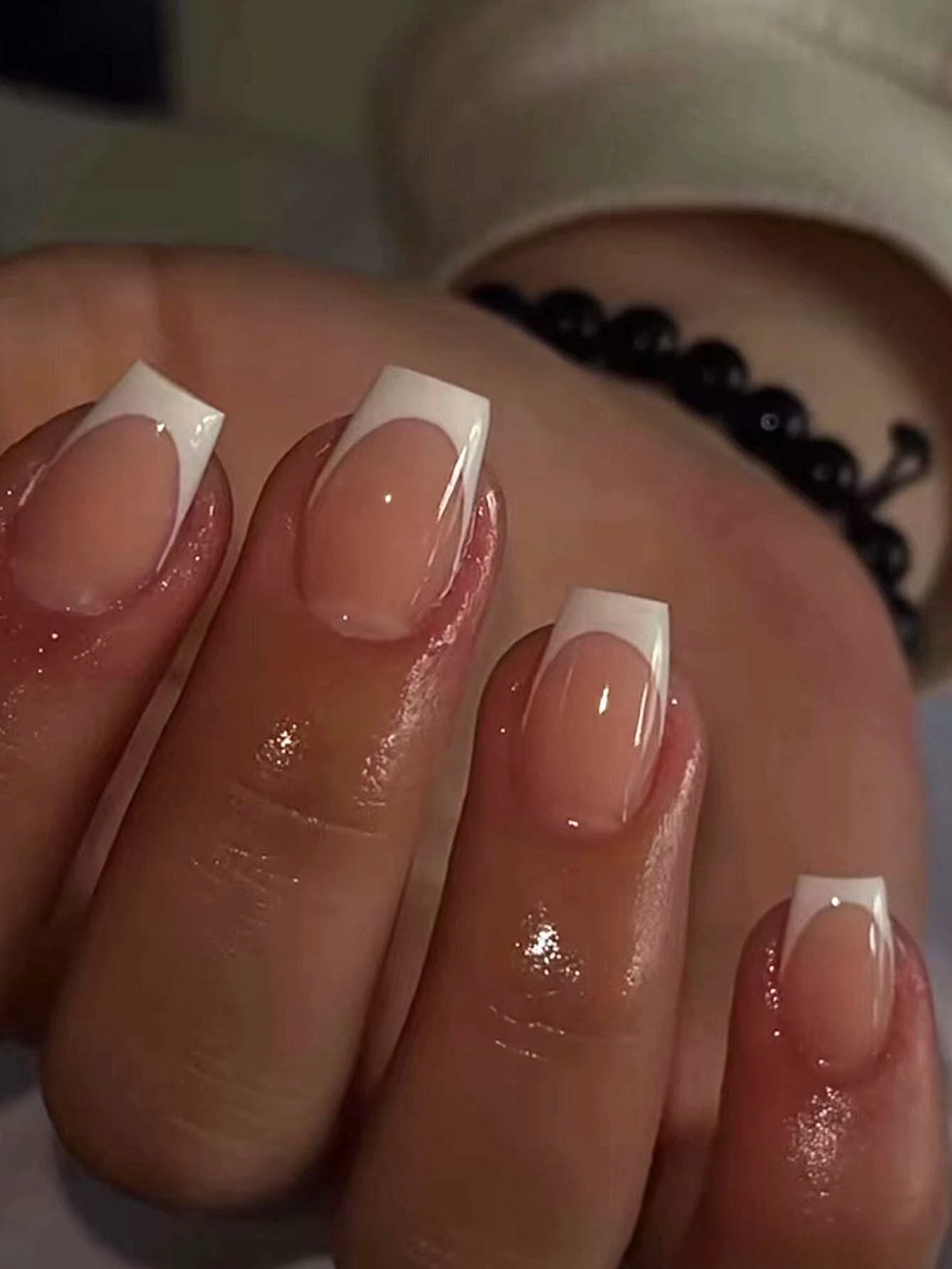 24pcs Square Press–On Nails – White French Tips with Cute Bride Heart Design, Y2K Style