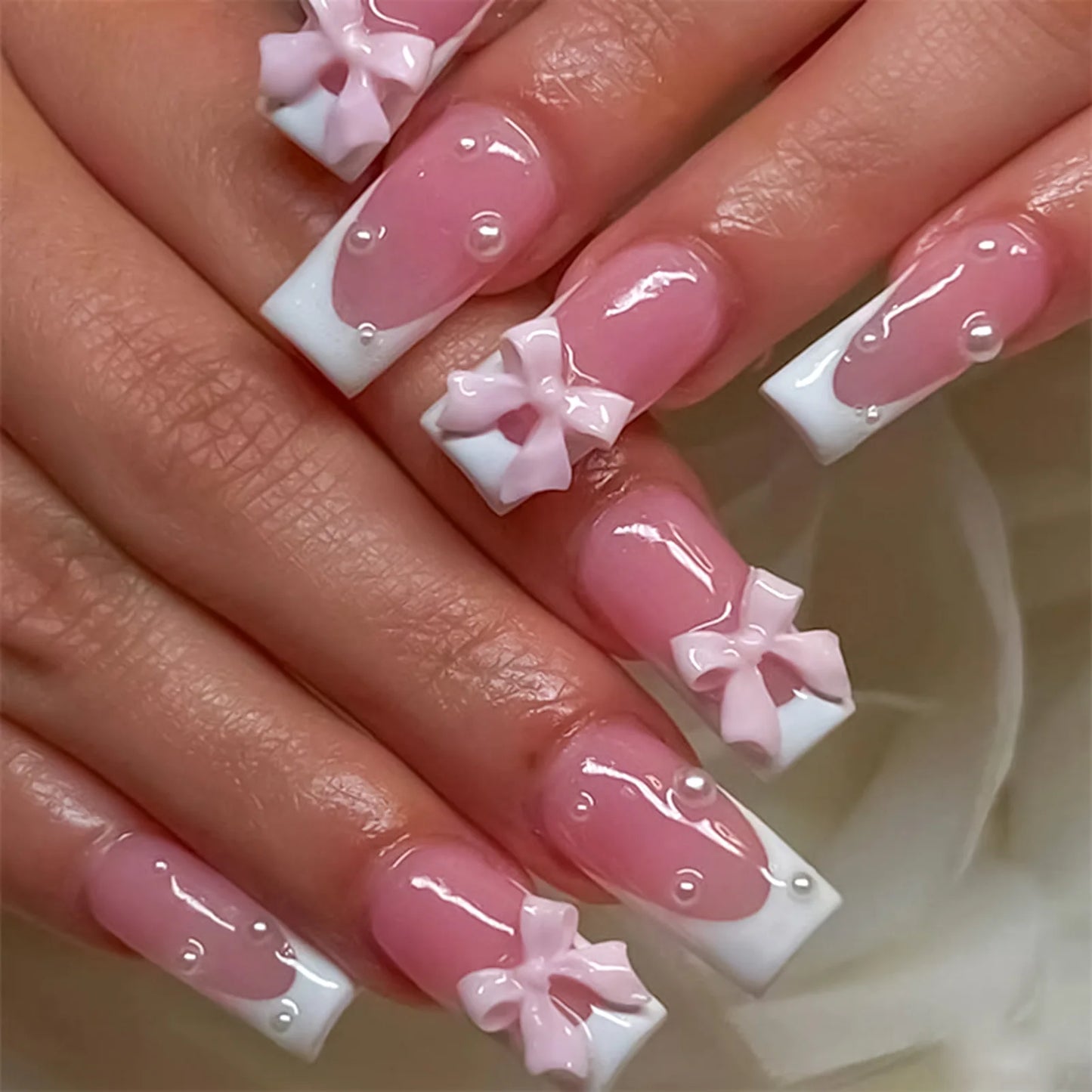 24pcs White French Press-On Nails – 3D Bowknot Design, Full Cover Wearable Set for Women
