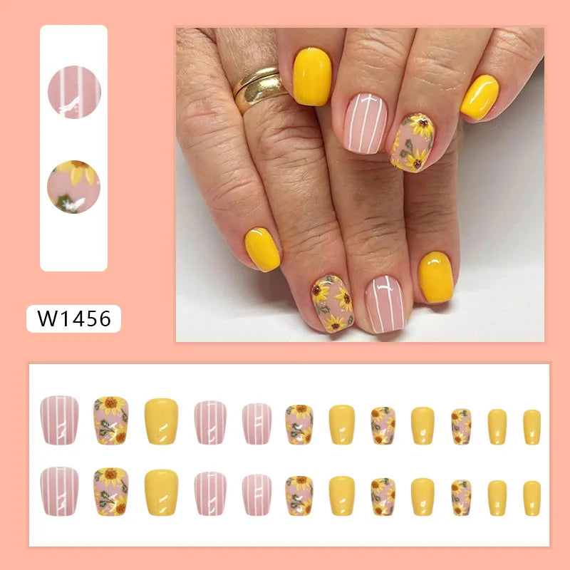 24pcs Pink Gradient Press-On Nails – Yellow Flower Design, Glossy Finish, Reusable Full Cover